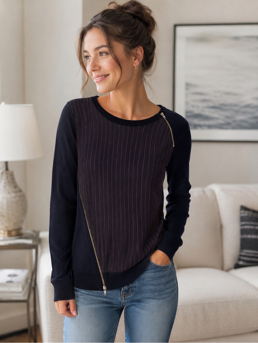 J.Crew Women’s XS Merino Wool Navy Pinstripe Asymmetrical Zip Sweater